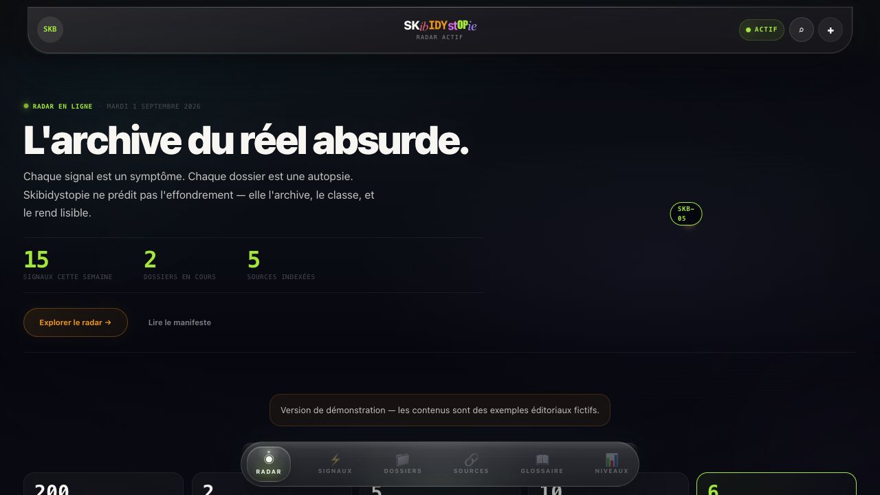 Accueil du radar Skibidystopie, archive du réel absurde avec indicateurs, catégories et navigation radar.