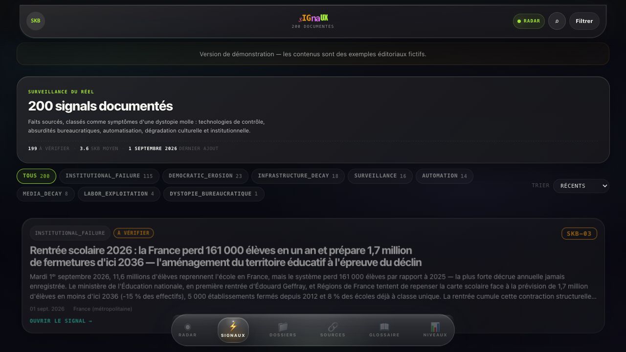 Page Signaux de Skibidystopie, avec les signaux documentés, des filtres et une première fiche.